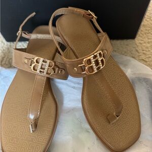 Bebe Brown and Gold Sandals with Chain-Link Design